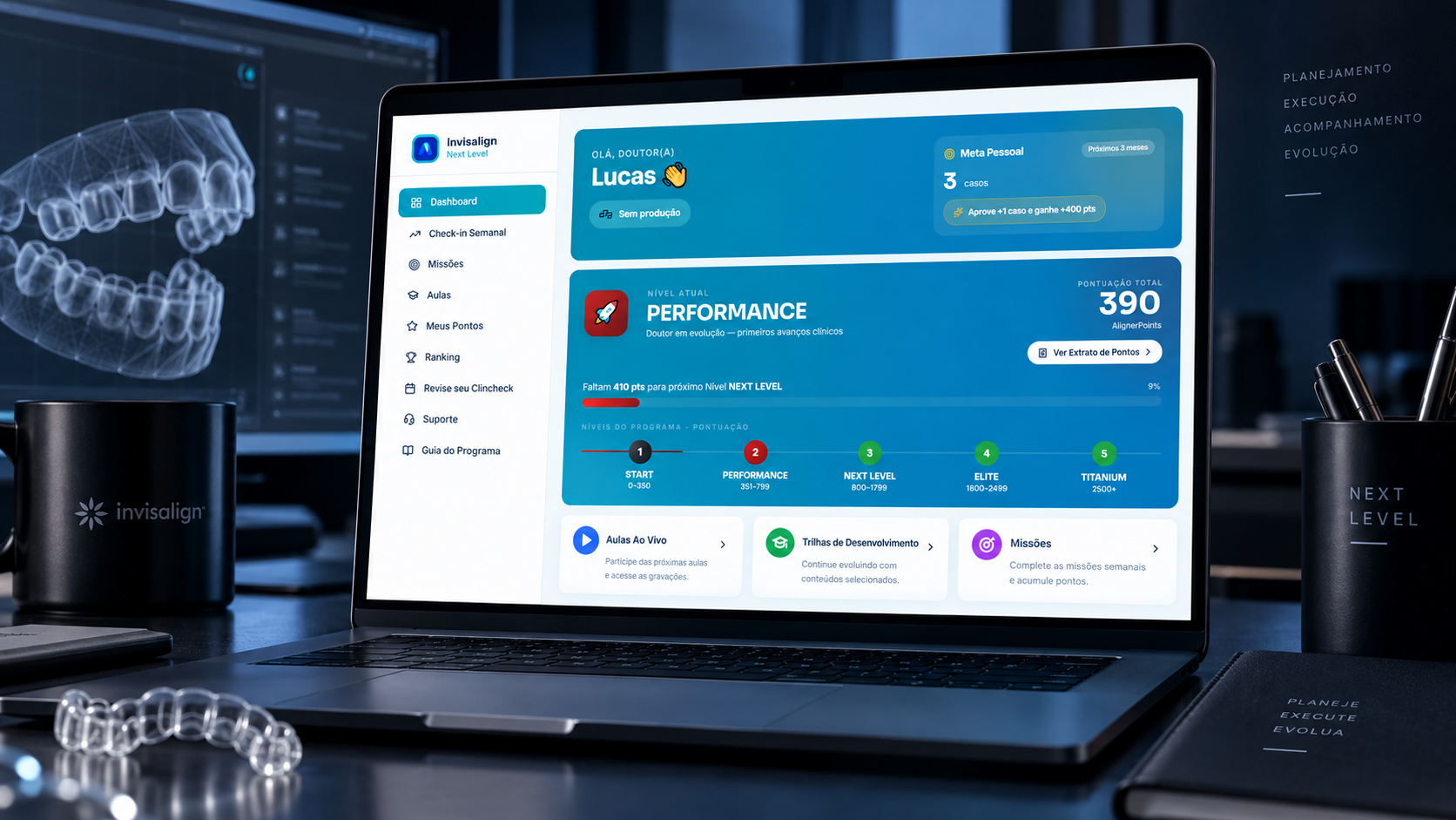 Plataforma Next Level exibida em um notebook, com dashboard, níveis e pontuação